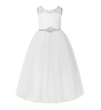 Open Back A-Line Lace Tulle Flower Girl Dress with Rhinestone Beaded Sash for Dance Recital 178R7