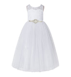 Open Back A-Line Lace Tulle Flower Girl Dress with Rhinestone Beaded Sash for Dance Recital 178R7