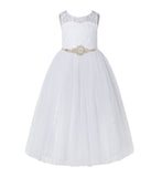 Open Back A-Line Lace Tulle Flower Girl Dress with Rhinestone Beaded Sash for Dance Recital 178R7