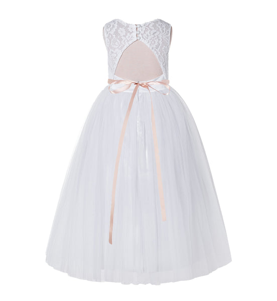 Open Back A-Line Lace Tulle Flower Girl Dress with Rhinestone Beaded Sash for Dance Recital 178R7