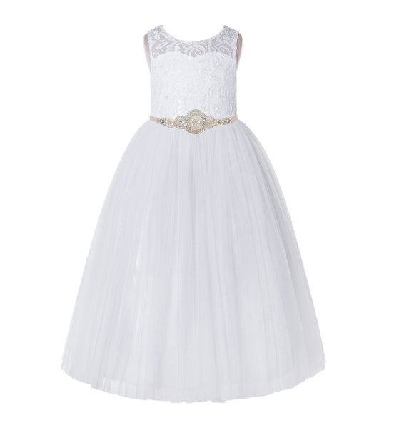 Open Back A-Line Lace Tulle Flower Girl Dress with Rhinestone Beaded Sash for Dance Recital 178R7