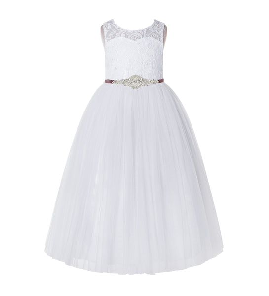 Open Back A-Line Lace Tulle Flower Girl Dress with Rhinestone Beaded Sash for Dance Recital 178R7