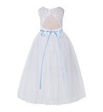 Open Back A-Line Lace Tulle Flower Girl Dress with Rhinestone Beaded Sash for Dance Recital 178R7