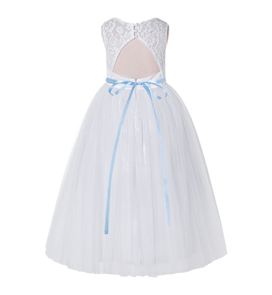 Open Back A-Line Lace Tulle Flower Girl Dress with Rhinestone Beaded Sash for Dance Recital 178R7