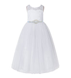 Open Back A-Line Lace Tulle Flower Girl Dress with Rhinestone Beaded Sash for Dance Recital 178R7