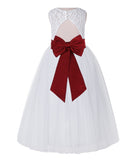 White Lace Flower Girl Dress Keyhole Back with Colored Sash for Junior Bridesmaid Toddlers 178T(3)