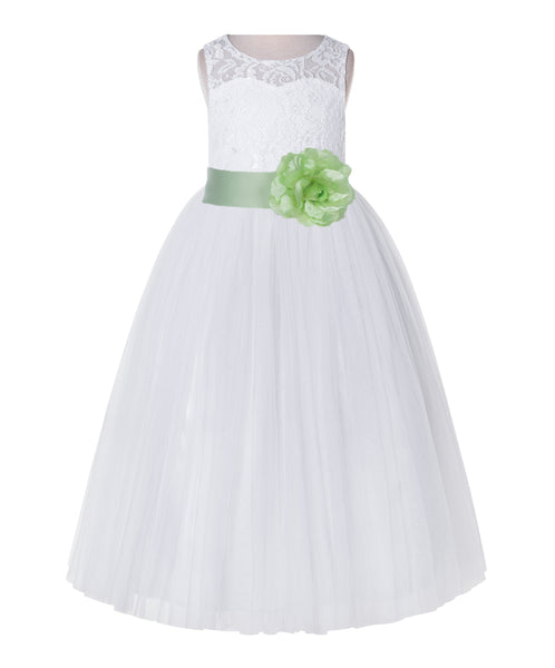 White Lace Flower Girl Dress Keyhole Back with Colored Sash for Junior Bridesmaid Toddlers 178T(2)