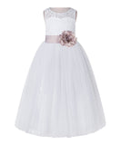 White Lace Flower Girl Dress Keyhole Back with Colored Sash for Junior Bridesmaid Toddlers 178T(2)