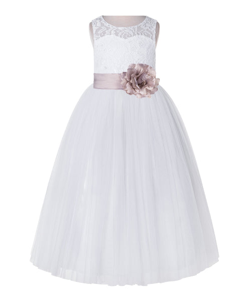 White Lace Flower Girl Dress Keyhole Back with Colored Sash for Junior Bridesmaid Toddlers 178T(2)