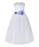 White Lace Flower Girl Dress Keyhole Back with Colored Sash for Junior Bridesmaid Toddlers 178T(1)