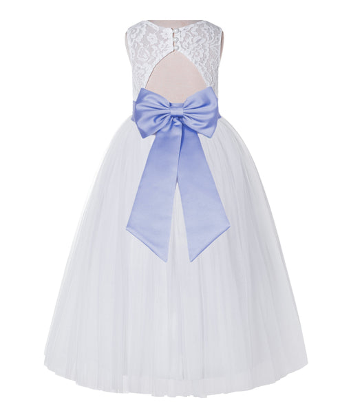 White Lace Flower Girl Dress Keyhole Back with Colored Sash for Junior Bridesmaid Toddlers 178T(1)