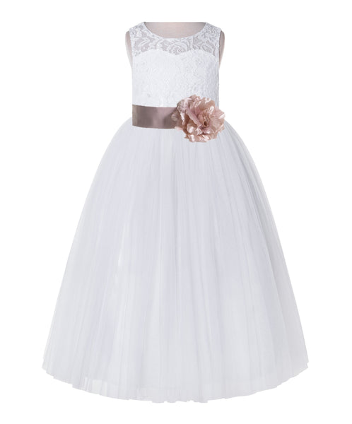 White Lace Flower Girl Dress Keyhole Back with Colored Sash for Junior Bridesmaid Toddlers 178T(2)