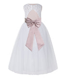 White Lace Flower Girl Dress Keyhole Back with Colored Sash for Junior Bridesmaid Toddlers 178T(2)