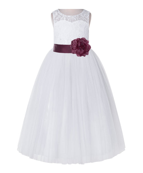 White Lace Flower Girl Dress Keyhole Back with Colored Sash for Junior Bridesmaid Toddlers 178T(2)