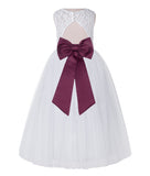 White Lace Flower Girl Dress Keyhole Back with Colored Sash for Junior Bridesmaid Toddlers 178T(2)