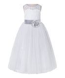 White Lace Flower Girl Dress Keyhole Back with Colored Sash for Junior Bridesmaid Toddlers 178T(4)