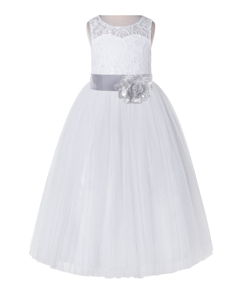 White Lace Flower Girl Dress Keyhole Back with Colored Sash for Junior Bridesmaid Toddlers 178T(4)