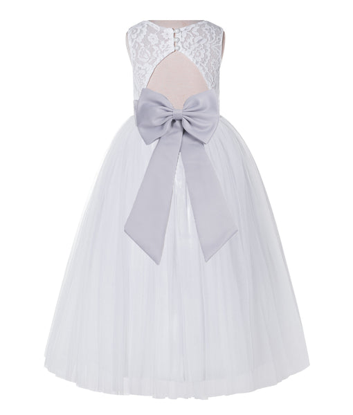 White Lace Flower Girl Dress Keyhole Back with Colored Sash for Junior Bridesmaid Toddlers 178T(4)