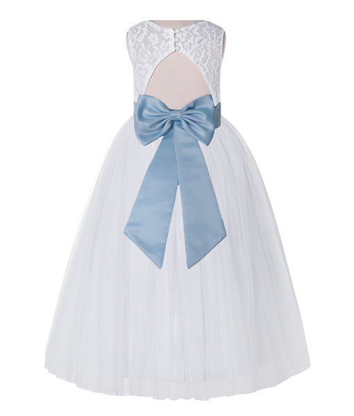 White Lace Flower Girl Dress Keyhole Back with Colored Sash for Junior Bridesmaid Toddlers 178T(4)