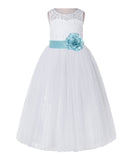 White Lace Flower Girl Dress Keyhole Back with Colored Sash for Junior Bridesmaid Toddlers 178T(4)