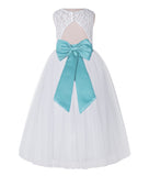 White Lace Flower Girl Dress Keyhole Back with Colored Sash for Junior Bridesmaid Toddlers 178T(4)