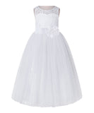 White Lace Flower Girl Dress Keyhole Back with Colored Sash for Junior Bridesmaid Toddlers 178T(1)