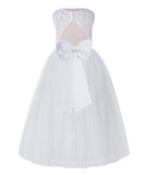 White Lace Flower Girl Dress Keyhole Back with Colored Sash for Junior Bridesmaid Toddlers 178T(1)