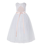 Illusion Lace Tulle Keyhole Back Flower Girl Dress with Rhinestone Sash Junior Bridesmaid 178R2