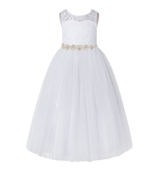 Illusion Lace Tulle Keyhole Back Flower Girl Dress with Rhinestone Sash Junior Bridesmaid 178R2