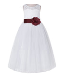 White Lace Flower Girl Dress Keyhole Back with Colored Sash for Junior Bridesmaid Toddlers 178T(3)