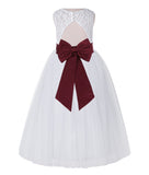 White Lace Flower Girl Dress Keyhole Back with Colored Sash for Junior Bridesmaid Toddlers 178T(3)