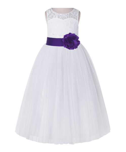 White Lace Flower Girl Dress Keyhole Back with Colored Sash for Junior Bridesmaid Toddlers 178T(3)