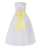 White Lace Flower Girl Dress Keyhole Back with Colored Sash for Junior Bridesmaid Toddlers 178T(1)