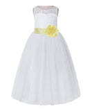 White Lace Flower Girl Dress Keyhole Back with Colored Sash for Junior Bridesmaid Toddlers 178T(1)