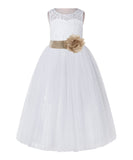 White Lace Flower Girl Dress Keyhole Back with Colored Sash for Junior Bridesmaid Toddlers 178T(3)