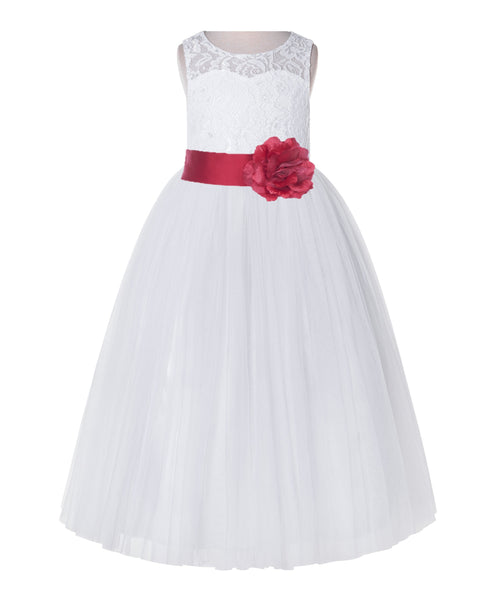 White Lace Flower Girl Dress Keyhole Back with Colored Sash for Junior Bridesmaid Toddlers 178T(3)