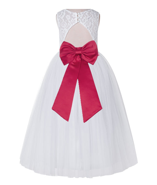 White Lace Flower Girl Dress Keyhole Back with Colored Sash for Junior Bridesmaid Toddlers 178T(3)