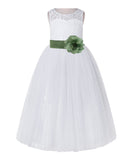 White Lace Flower Girl Dress Keyhole Back with Colored Sash for Junior Bridesmaid Toddlers 178T(2)