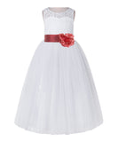 White Lace Flower Girl Dress Keyhole Back with Colored Sash for Junior Bridesmaid Toddlers 178T(2)