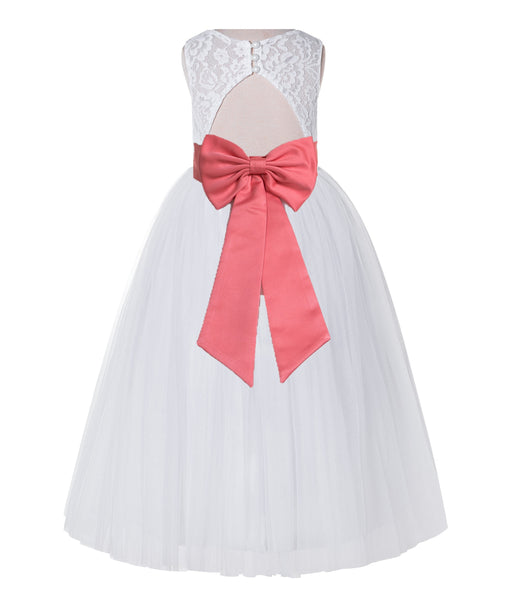 White Lace Flower Girl Dress Keyhole Back with Colored Sash for Junior Bridesmaid Toddlers 178T(2)