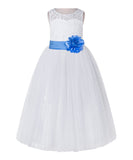 White Lace Flower Girl Dress Keyhole Back with Colored Sash for Junior Bridesmaid Toddlers 178T(3)