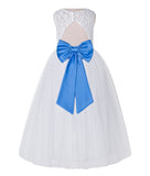 White Lace Flower Girl Dress Keyhole Back with Colored Sash for Junior Bridesmaid Toddlers 178T(3)