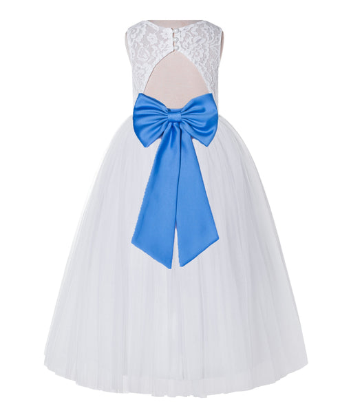 White Lace Flower Girl Dress Keyhole Back with Colored Sash for Junior Bridesmaid Toddlers 178T(3)