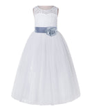 White Lace Flower Girl Dress Keyhole Back with Colored Sash for Junior Bridesmaid Toddlers 178T(1)