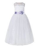 White Lace Flower Girl Dress Keyhole Back with Colored Sash for Junior Bridesmaid Toddlers 178T(2)