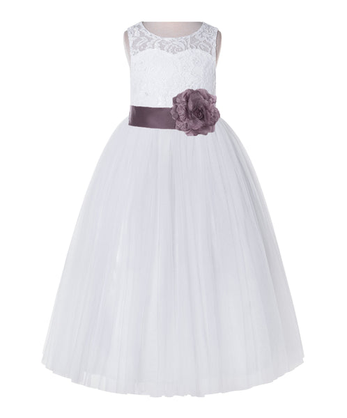 White Lace Flower Girl Dress Keyhole Back with Colored Sash for Junior Bridesmaid Toddlers 178T(3)