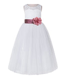 White Lace Flower Girl Dress Keyhole Back with Colored Sash for Junior Bridesmaid Toddlers 178T(1)