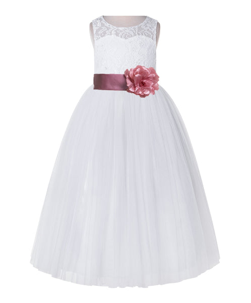 White Lace Flower Girl Dress Keyhole Back with Colored Sash for Junior Bridesmaid Toddlers 178T(1)