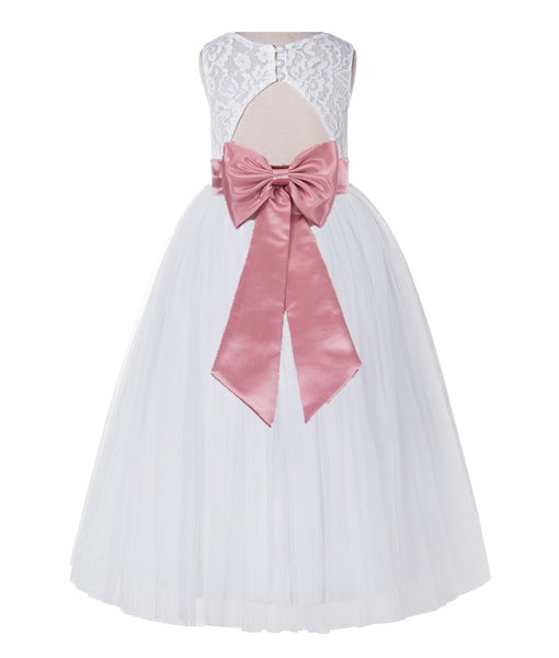 White Lace Flower Girl Dress Keyhole Back with Colored Sash for Junior Bridesmaid Toddlers 178T(1)