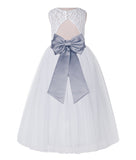 White Lace Flower Girl Dress Keyhole Back with Colored Sash for Junior Bridesmaid Toddlers 178T(3)